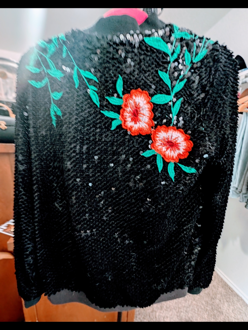 Gianni Bini Black Bomber Jacket with Red Floral Embroidery - Picture 5 of 6